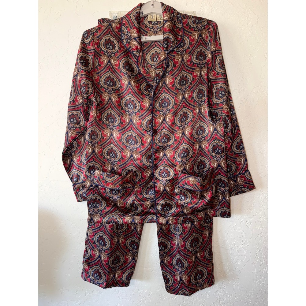 Vintage 80s Number 1 London Satin Pajama Set Small Paisley Baroque Burgundy 2 pc